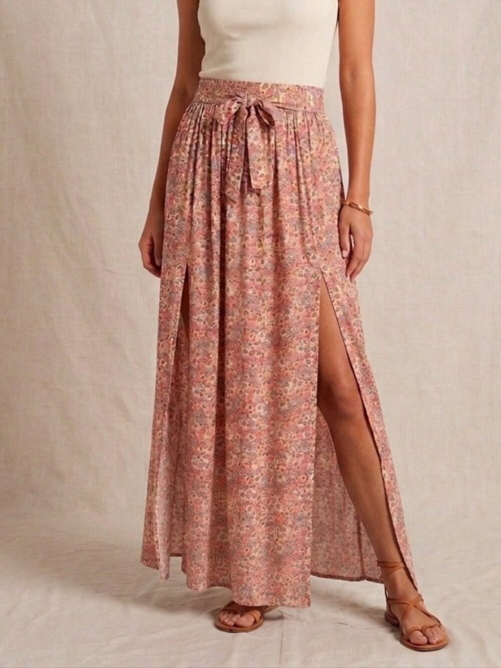 PATRONS OF PEACE Ditsy Floral Tie Waist Long Slit Maxi Skirt sz XS